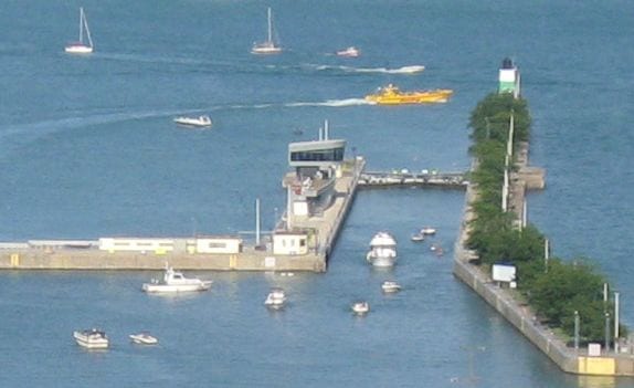 An eastward view of the Chicago Harbor Lock separating the Chicago River (foreground) from Lake Michigan., 2009, Chicago
