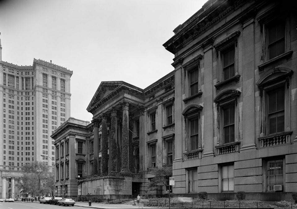 Tweed Courthouse on Chambers Street, New York, New York (Manhattan) - north, main facade. Manhattan Municipal Building is in background., 1979, New York City