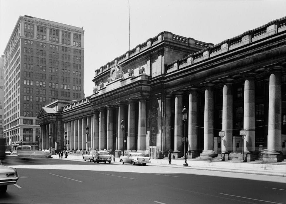 East (7th Avenue) facade of Pennsylvania Station , in New York City. 1962 image from the Historic American Buildings Survey of New York ., 1962, New York City