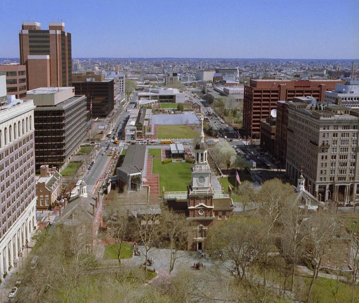 Overhead view of Independence Mall with Independence Square in the foreground in Independence National Historical Park, located in Philadelphia. Cropped., 2004, Philadelphia