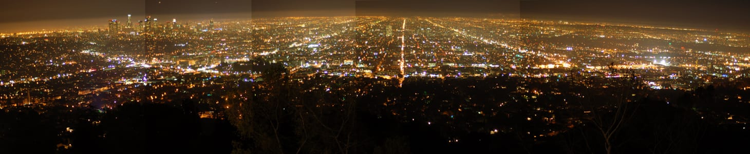 Los Angeles at night, as seen from the Griffith Observatory. This stitched panorama shows downtown Los Angeles to the left., 2000s, Los Angeles
