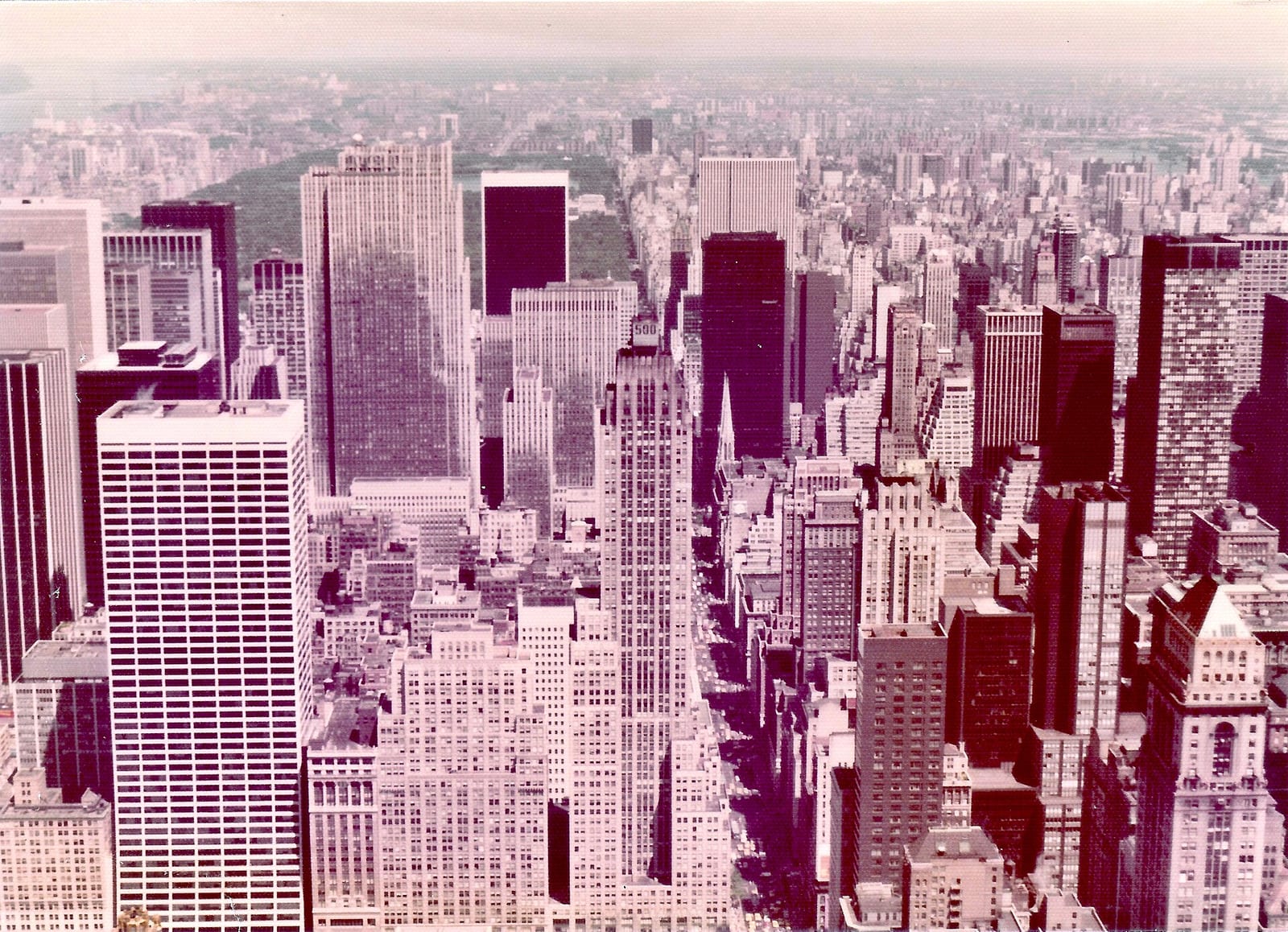 View from the Empire State Building observation deck, New York City, August 1975, 1975, New York City