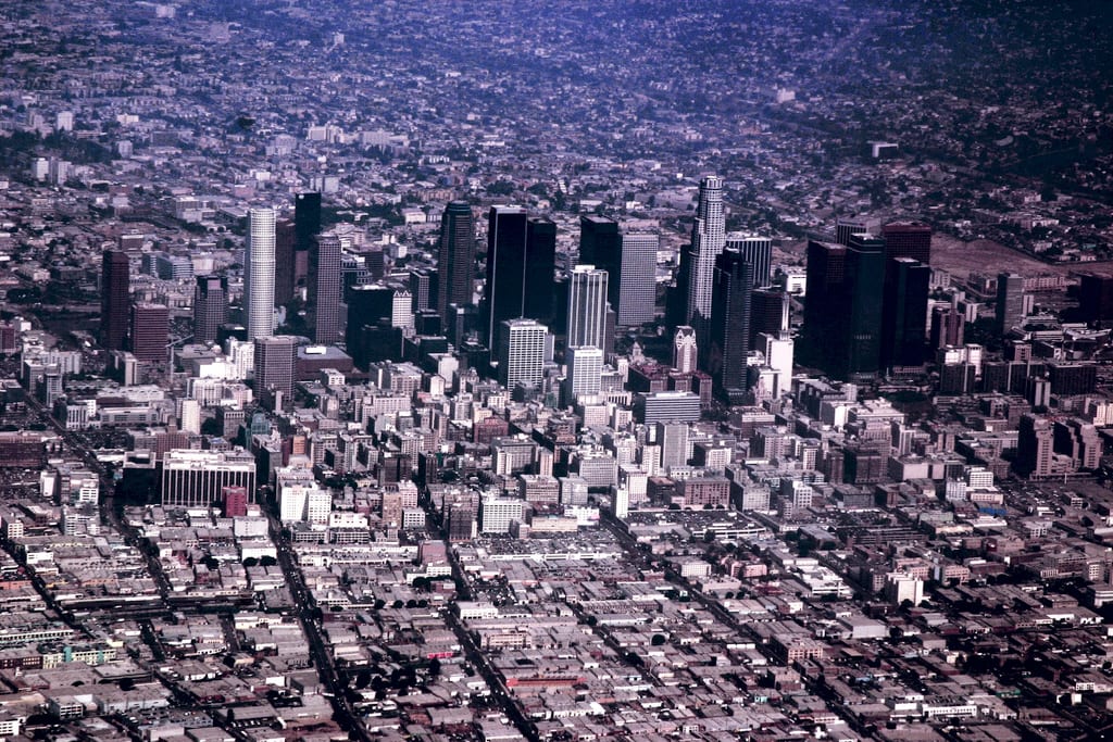 An aerial photo of Downtown Los Angeles , Southern California ., 2005, Los Angeles