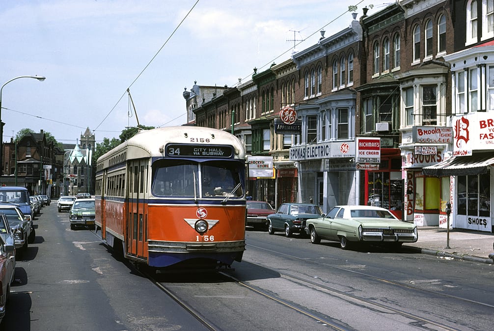 SEPTA (Philadelphia) streetcar 2156 eastbound on Baltimore Avenue between 50th and 51st streets, on route 34, in May 1976, 1976, Philadelphia