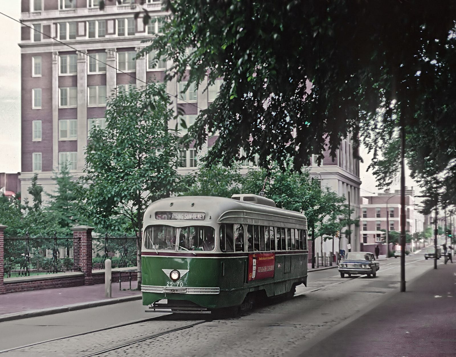 SEPTA PCC trolley 2570 a 50 Rising Sun - Olney car on 5th Street next to Independance Hall, Philadelphia, PA on June 20, 1970, 1970, Philadelphia