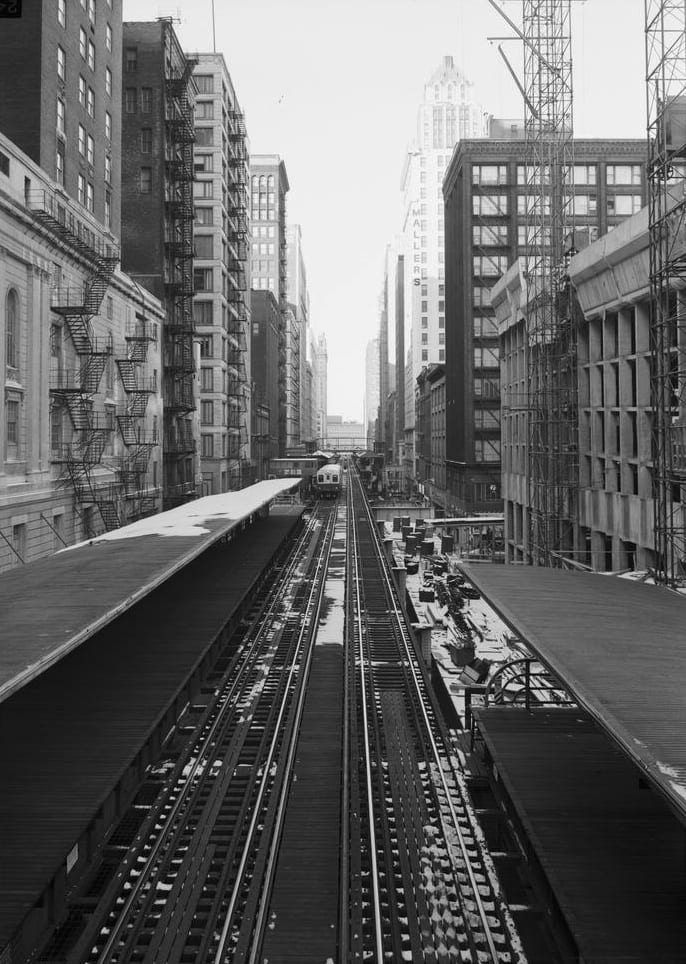 1. Looking north on Wabash toward Madison and Randolf Sts. Stations., 1968, Chicago