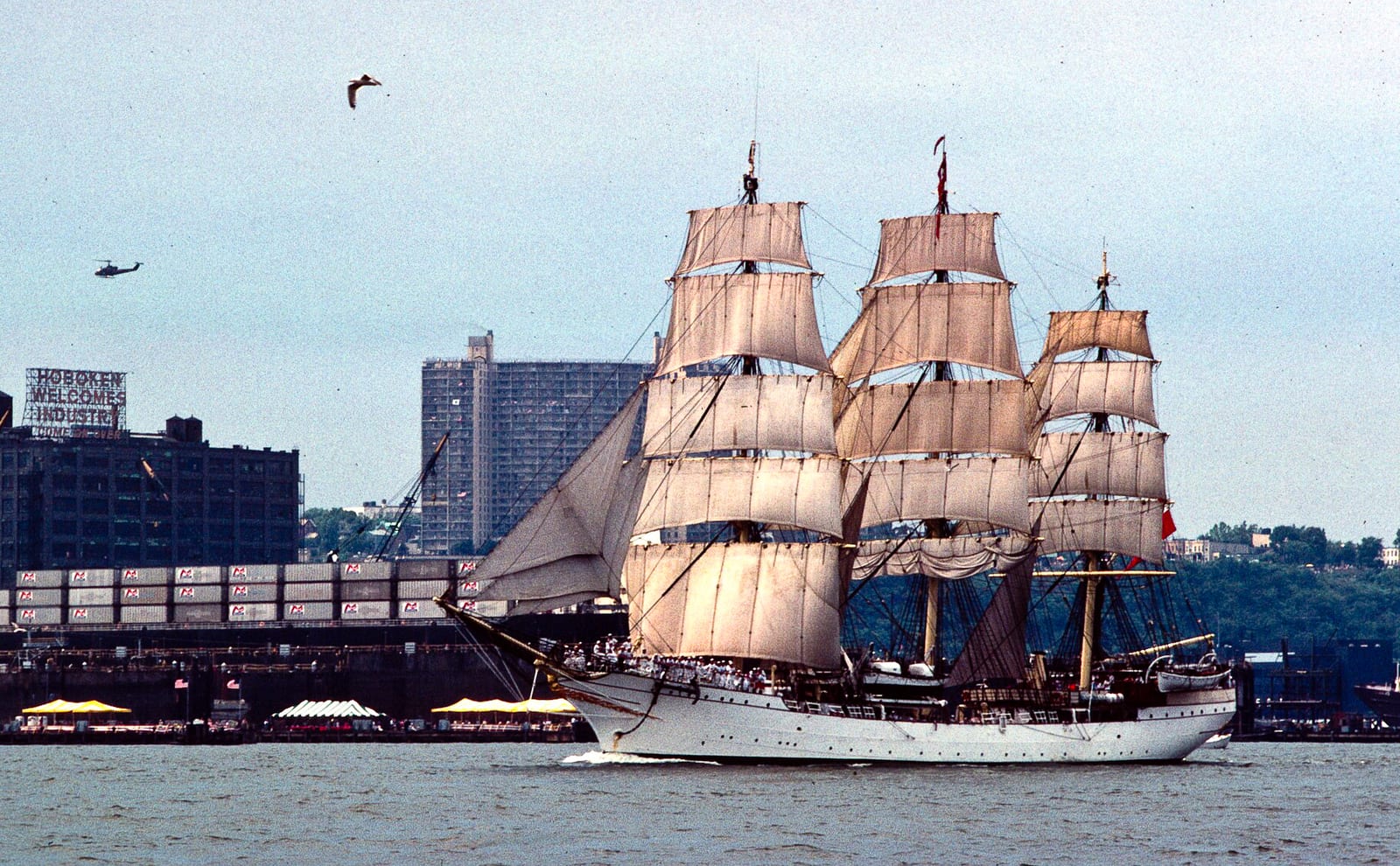 Danmark (Denmark) in New York Harbor during OpSail 76, 1976, New York City