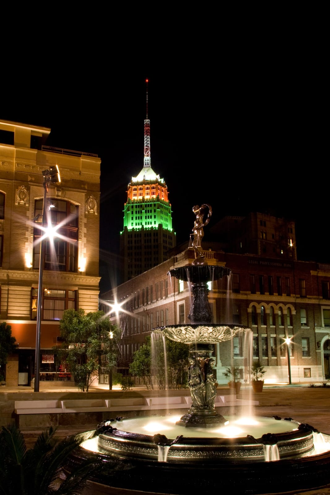 Tower Life Building in background, foreground is statue of Lady Justice in front of the Bexar County Courthouse., 2008, San Antonio