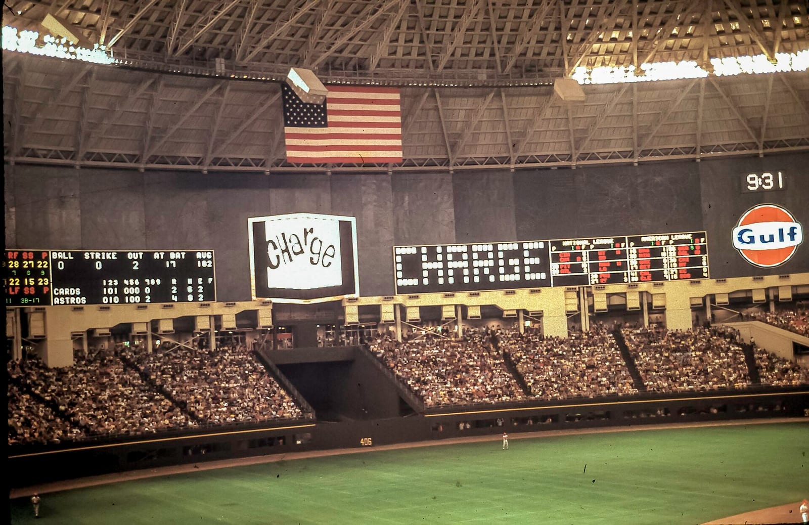 The Houston Astrodome Scoreboard pictured during a June 7, 1969 game between the Astros and Cardinals., 1969, Houston