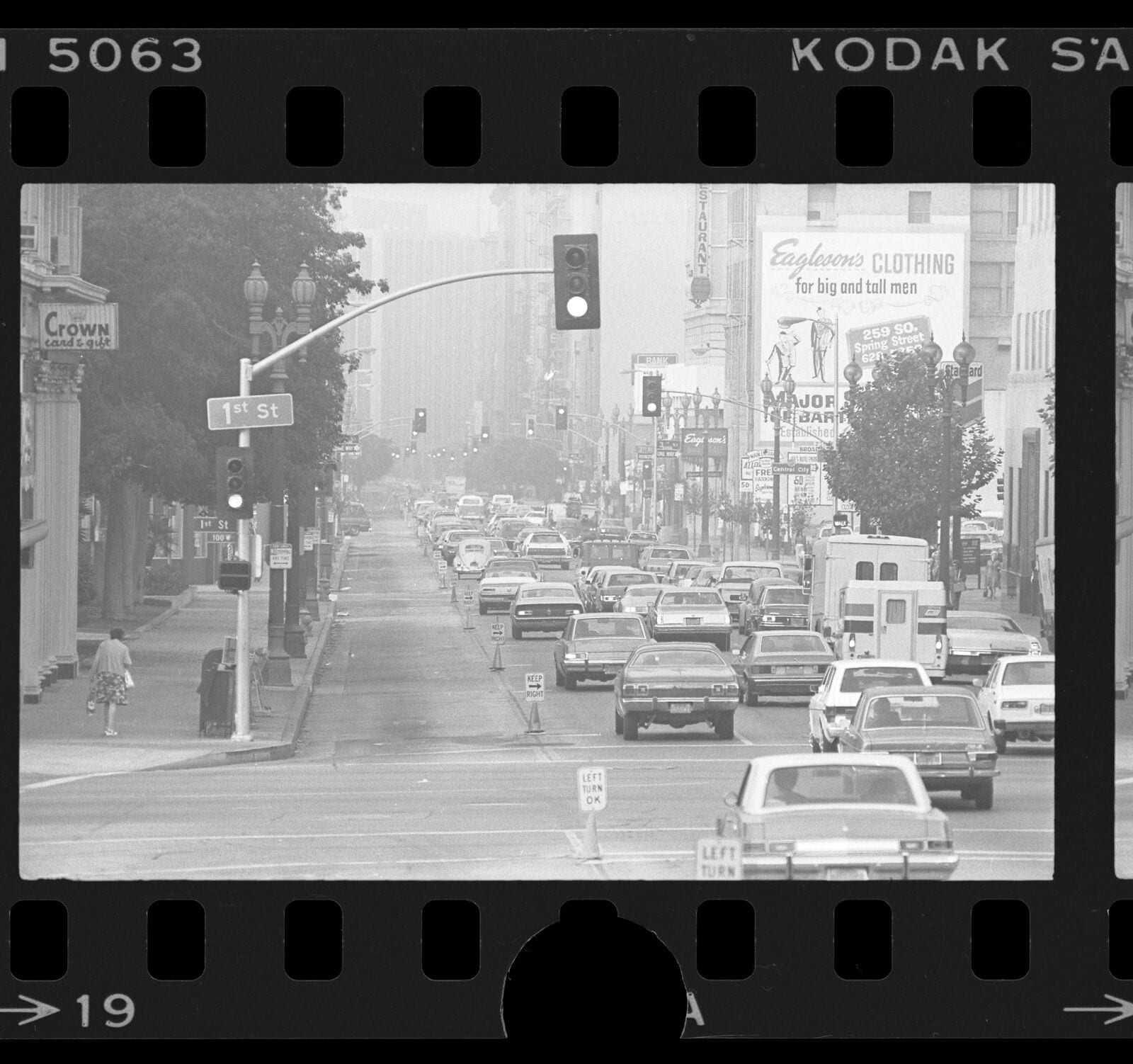 Traffic passing empty bus lane along Spring Street during RTD transit strike in Los Angeles, Calif., 1976, 1976, Los Angeles