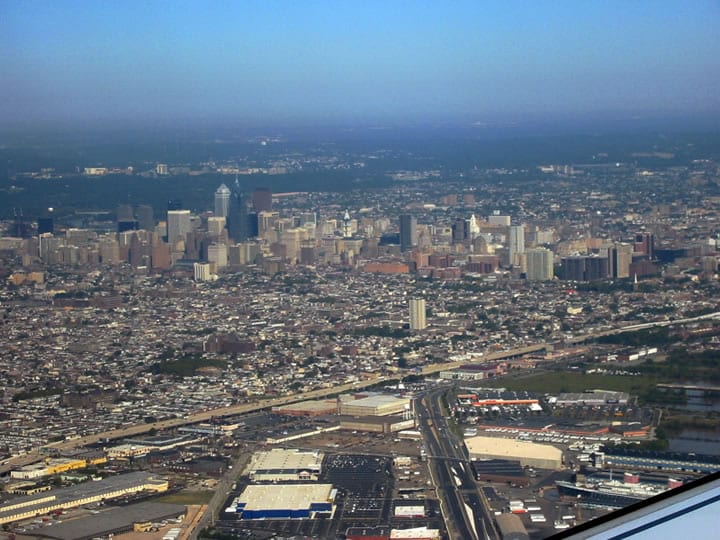 central and southern Philadelphia viewed from the plane. note the Big Blue Swedish Box in foreground Philadelphia aerial, 2005, Philadelphia