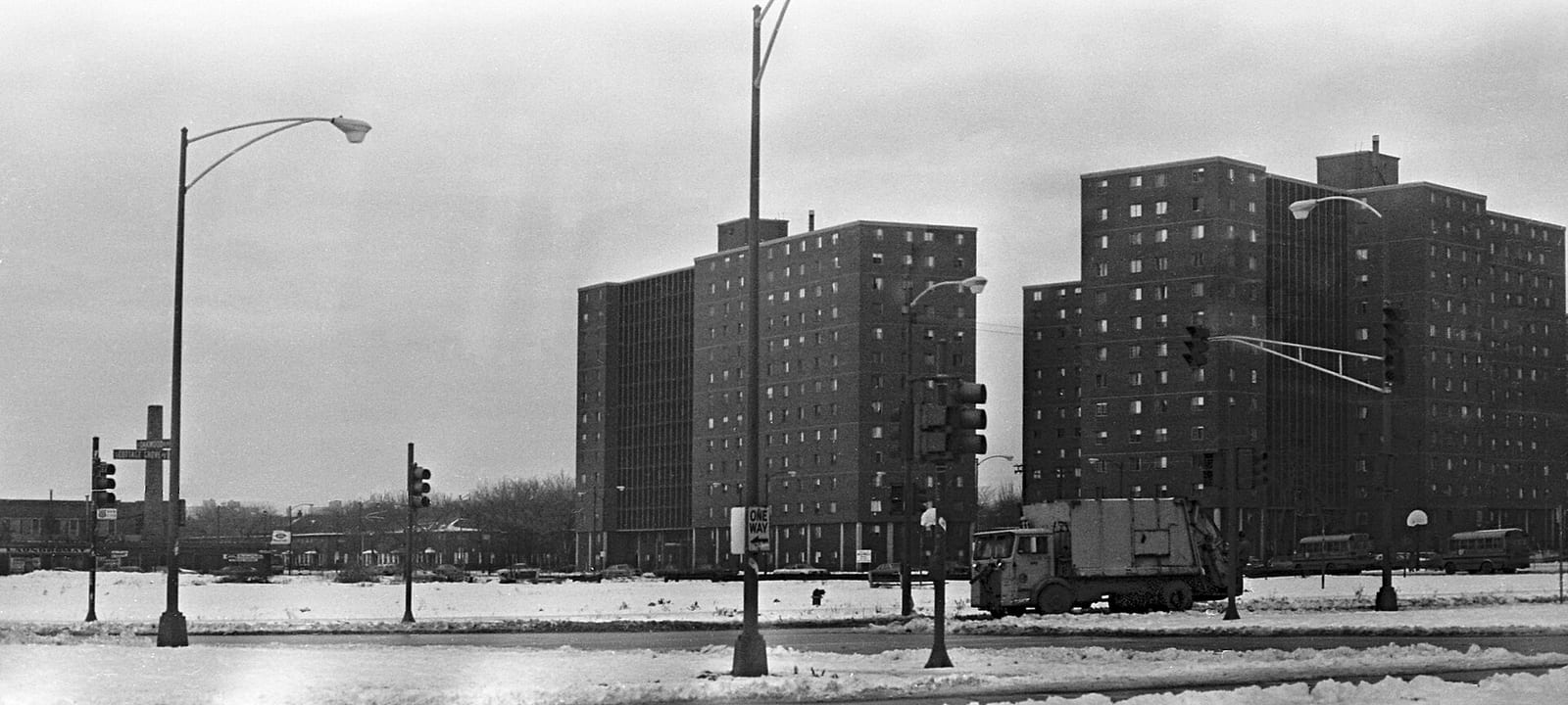 Looking NW to the Ida B. Wells Homes from the corner of Oakwood and Cottage Grove, Chicago, December 1978., 1978, Chicago