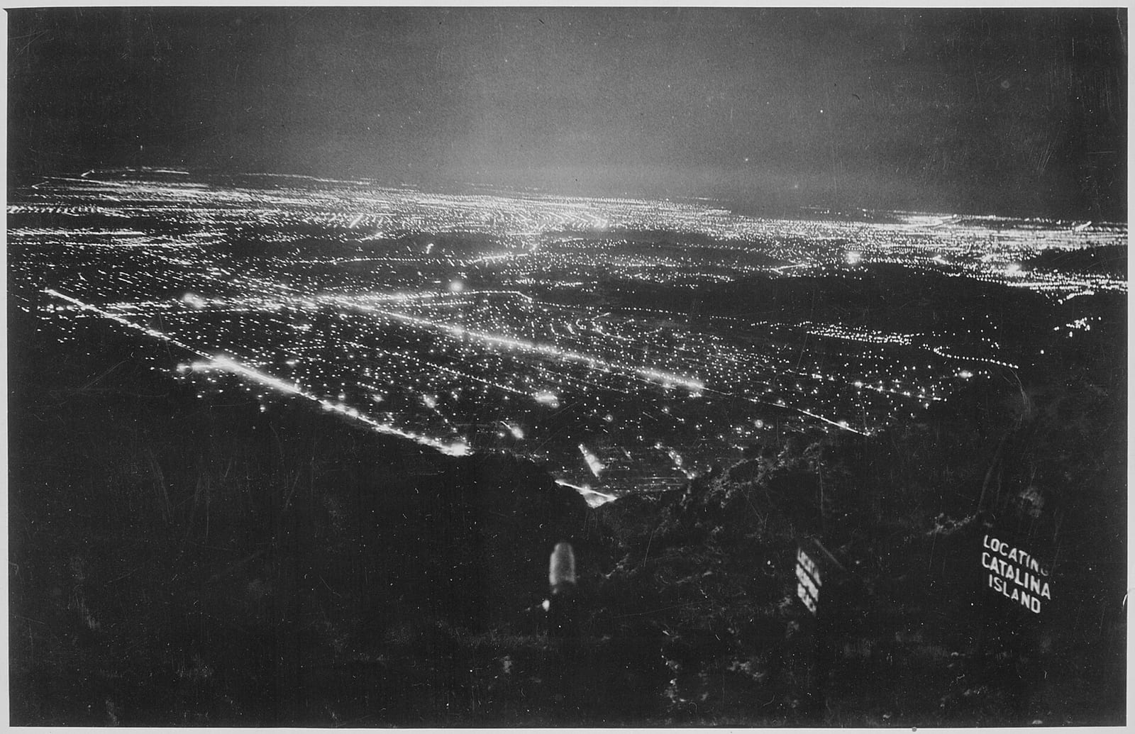The sprawling lights of Los Angeles and the surrounding area seen from Inspiration Point, Mount Lowe, 1950, Los Angeles